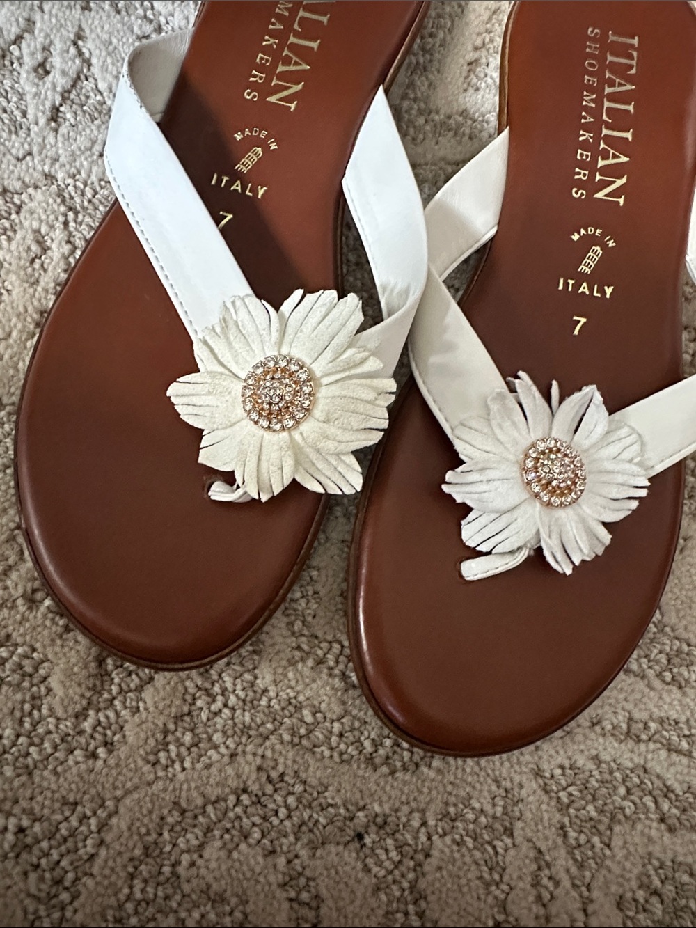 Italian Shoemakers White Floral Thong Sandals with Rhinestone Centers